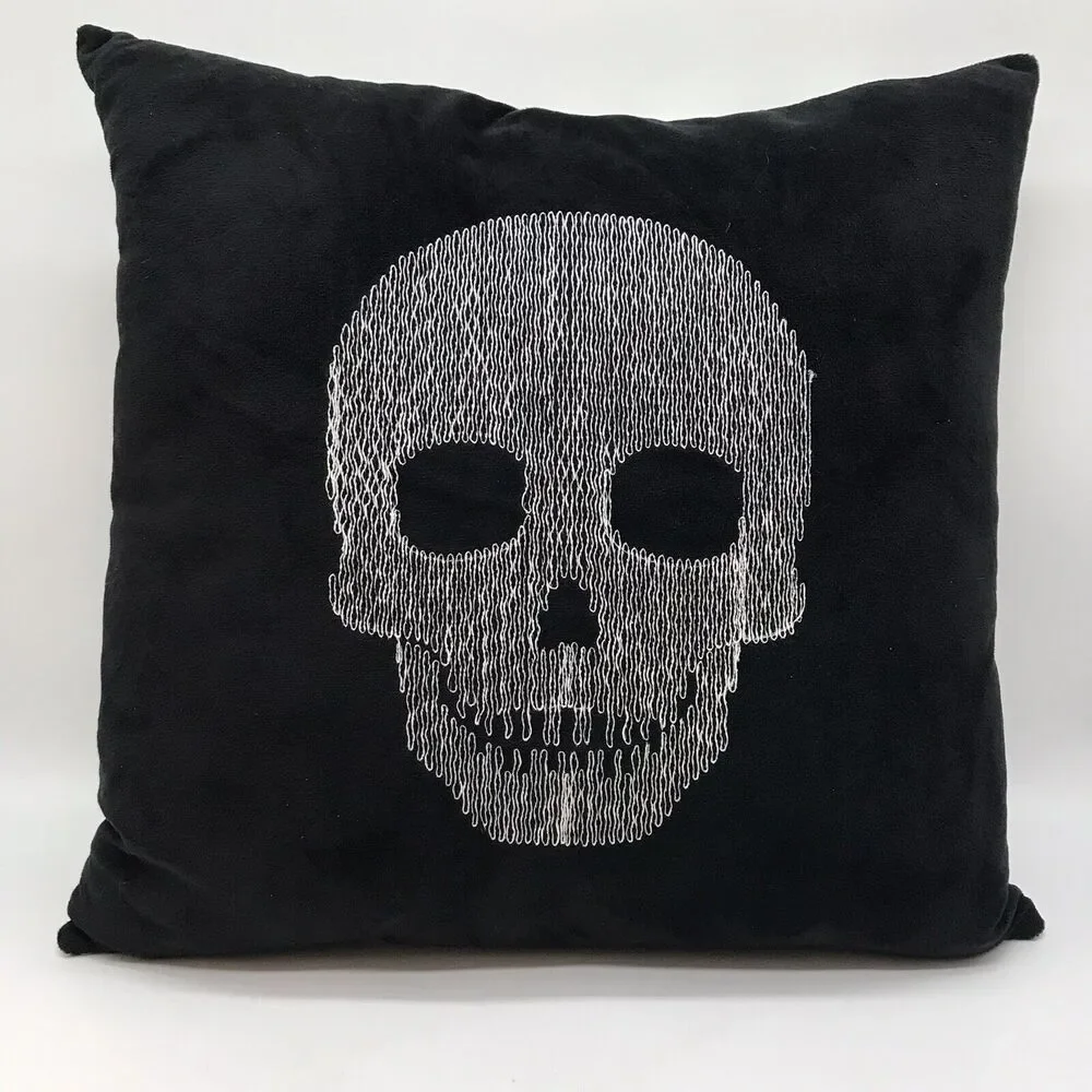 Skeleton Skull & Coffins Square Throw Pillow Plush Black White Gothic Decor 15
